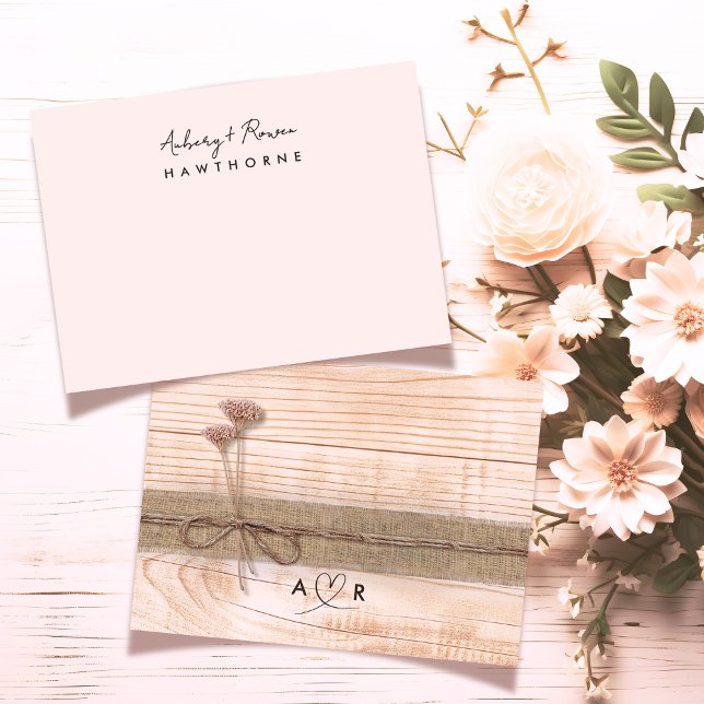 Simple Modern Couple Wood Rustic Blush Wildflower Note Card (Creator Uploaded)