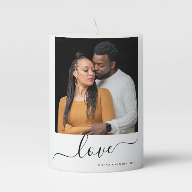 Simple Modern Couples Custom Photo Valentines Day Pillar Candle (Front)