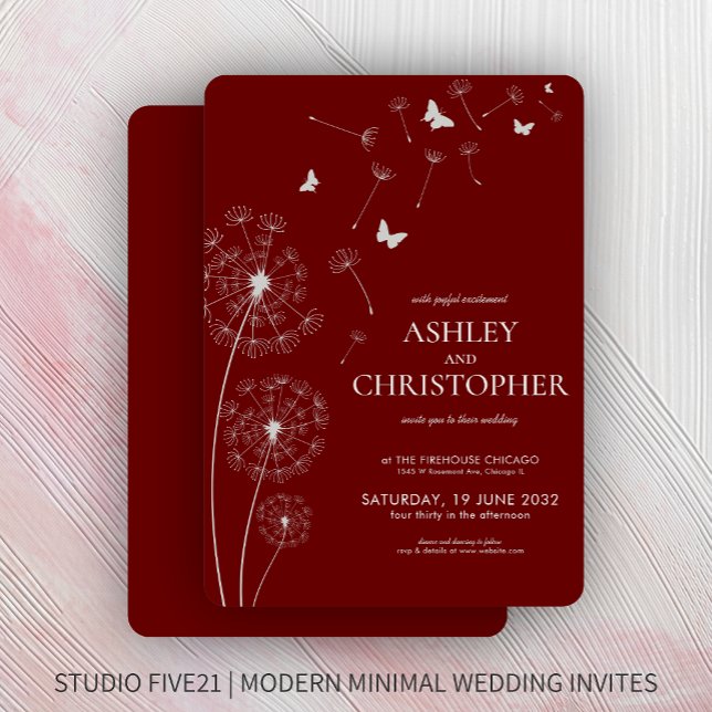 Simple Modern Crimson Red Dandelion Wedding Invitation (Creator Uploaded)