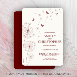 Simple Modern Crimson Red Dandelion Wedding Invitation