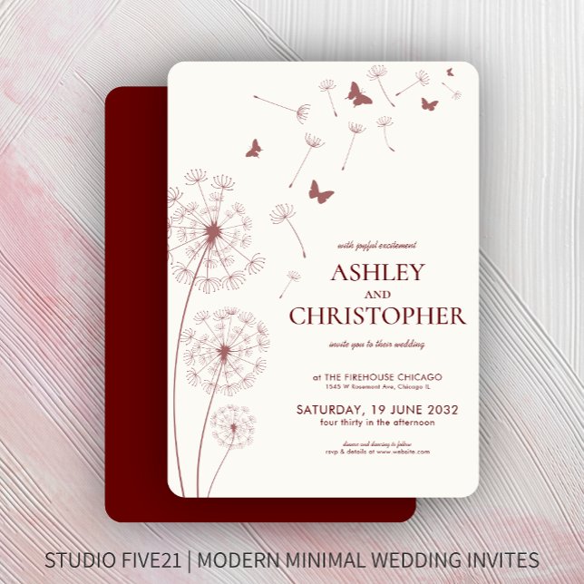 Simple Modern Crimson Red Dandelion Wedding Invitation (Creator Uploaded)