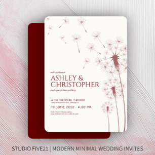 Simple Modern Crimson Red Dandelion Wedding Invitation