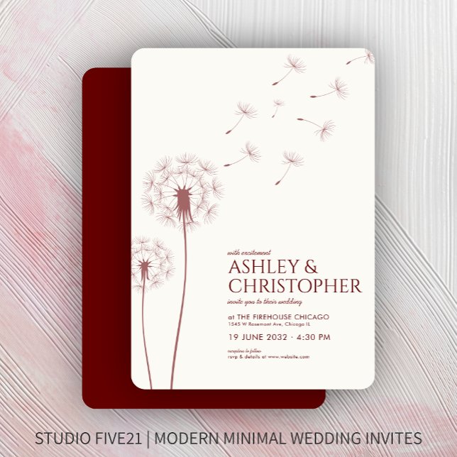 Simple Modern Crimson Red Dandelion Wedding Invitation (Creator Uploaded)