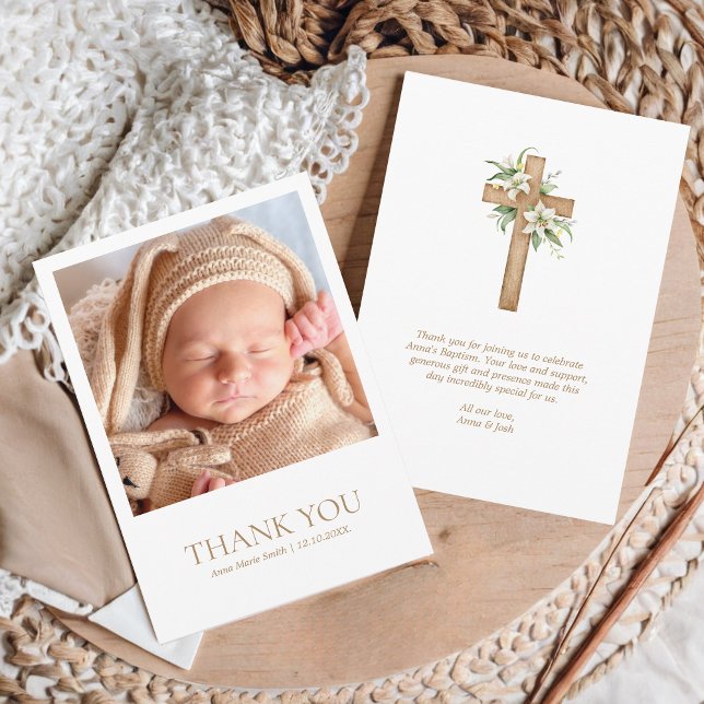 Simple Modern Cross Minimalist Photo Baptism Thank You Card (Minimalist Baptism Thank you Card with Photo and Watercolor Floral Cross)