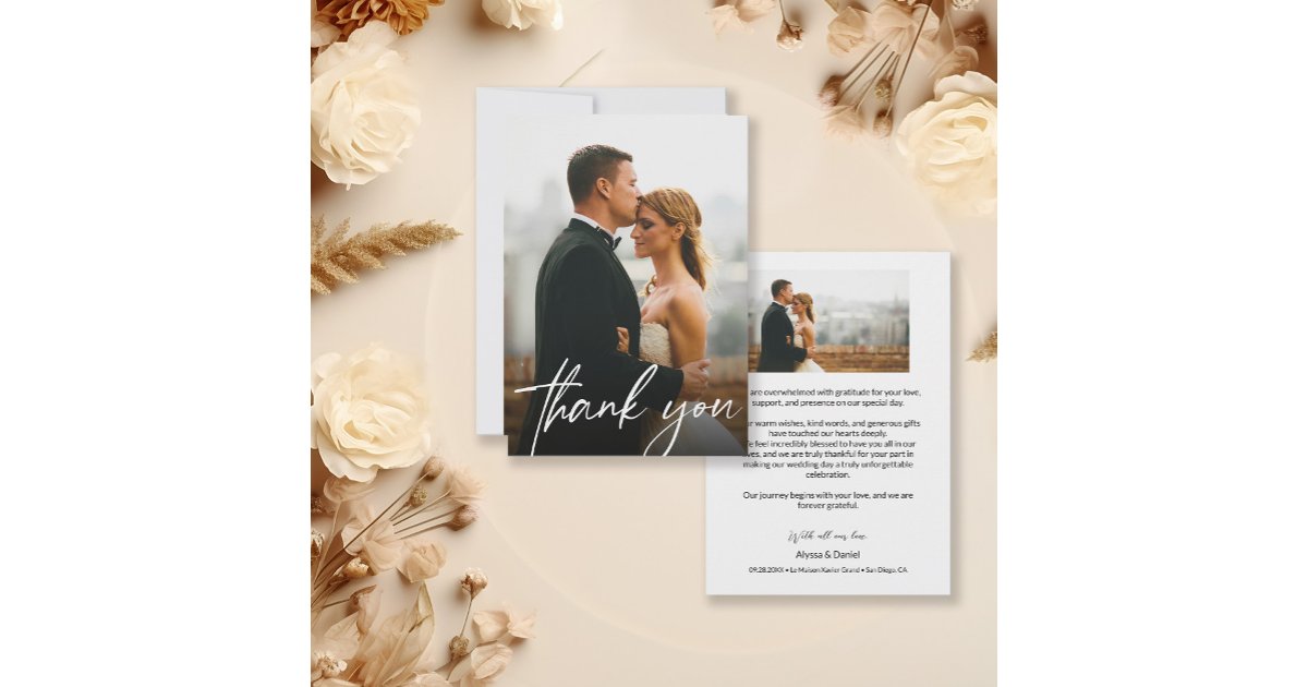 Simple Modern Custom 2 Wedding Photos Thank You Card | Zazzle