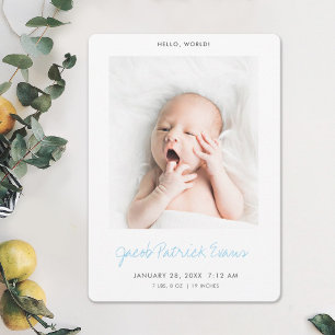 Simple Modern Custom Baby Blue Script Boy Birth Announcement