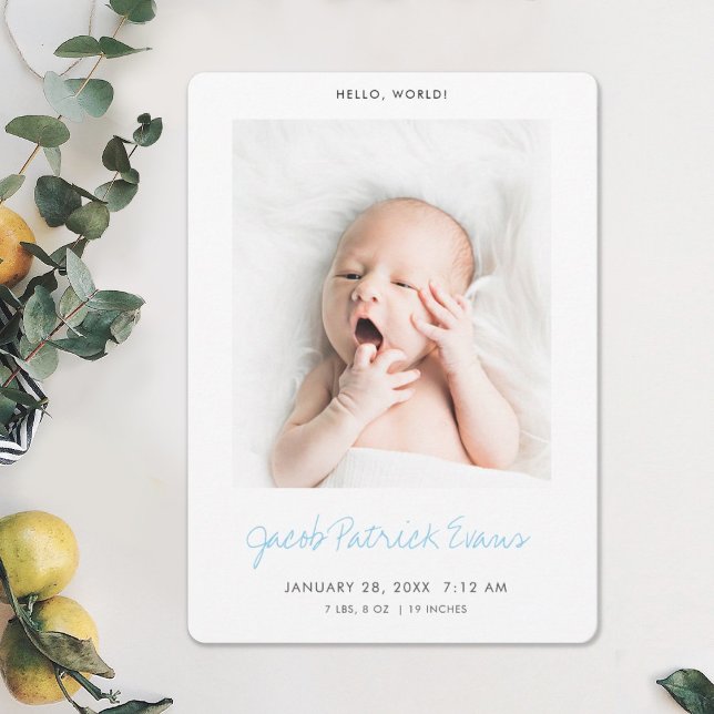 Simple Modern Custom Baby Blue Script Boy Birth Announcement (Creator Uploaded)