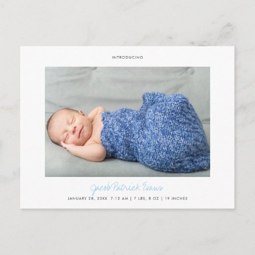 Simple Modern Custom Blue Script Baby Boy Birth Announcement Postcard