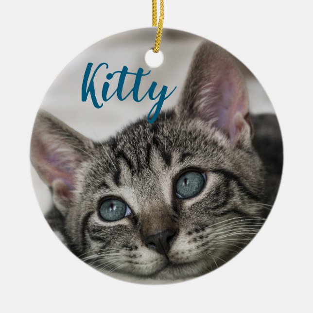 Simple Modern Custom Cat Name and Photo  Ceramic Ornament (Front)