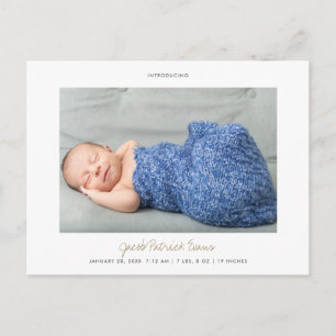 Simple Modern Custom Gold Script Boy or Girl Birth Announcement Postcard