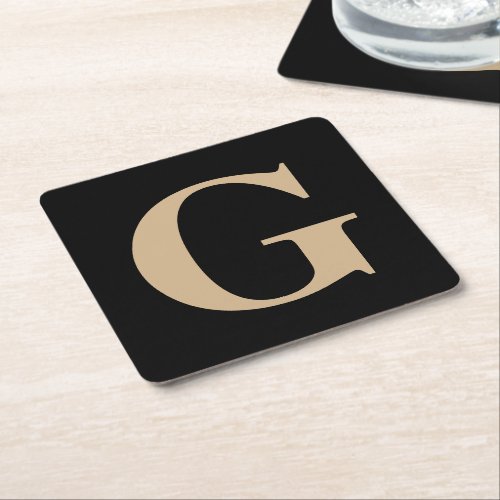 Simple Modern Custom Initial Black and Beige Square Paper Coaster