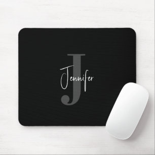 Simple Modern Custom Name & Initial Monogram Black Mouse Pad