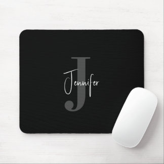 Simple Modern Custom Name & Initial Monogram Black Mouse Pad