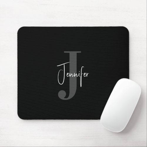 Simple Modern Custom Name  Initial Monogram Black Mouse Pad