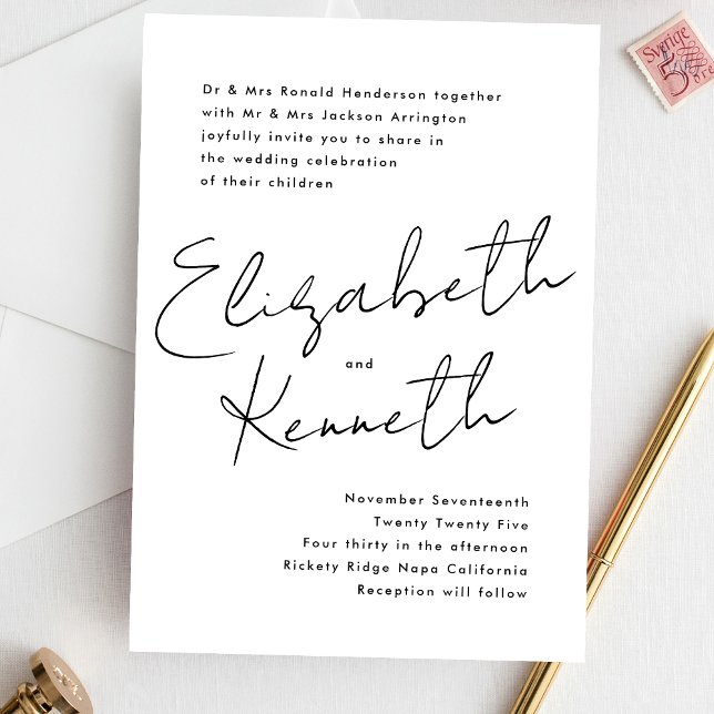 Simple Modern Custom Names Black White Wedding Invitation (Creator Uploaded)