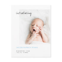 Simple Modern Custom Photo Blue New Baby Boy Birth Announcement Postcard