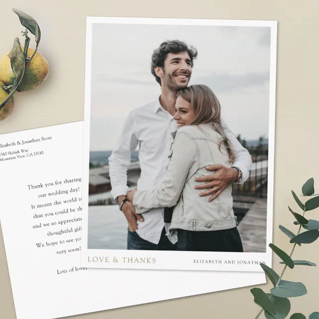 Simple Modern Custom Photo Gold Wedding Thank You Postcard | Zazzle
