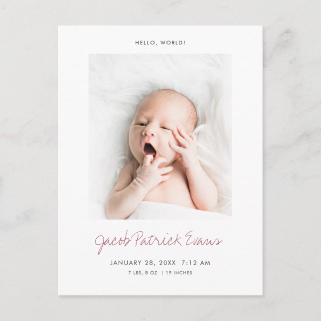 Simple Modern Custom Photo New Baby Birth Announcement Postcard (Front)