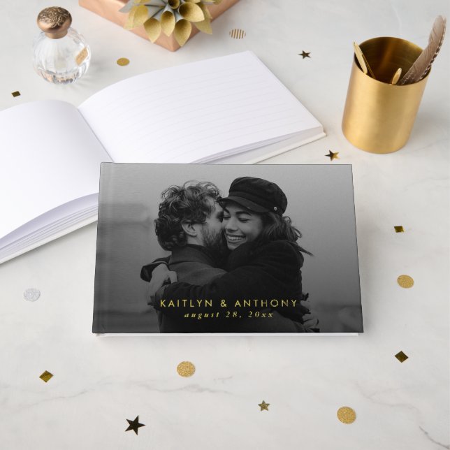 Simple Modern Custom Photo Wedding Foil Guest Book (Front Open)