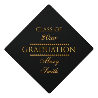 Simple Modern Customize Black Gold Graduation Cap Topper | Zazzle