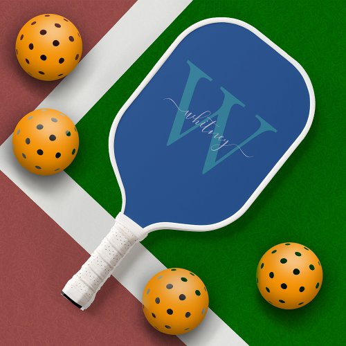 Simple Modern Cute Blue Monogram Name  Initial Pickleball Paddle