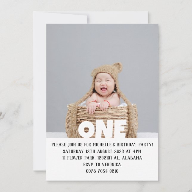 Simple Modern Cute First Birthday Baby Photo Invitation (Front)