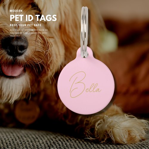 Simple Modern Cute Pink Script Monogram Dog Cat Pet ID Tag