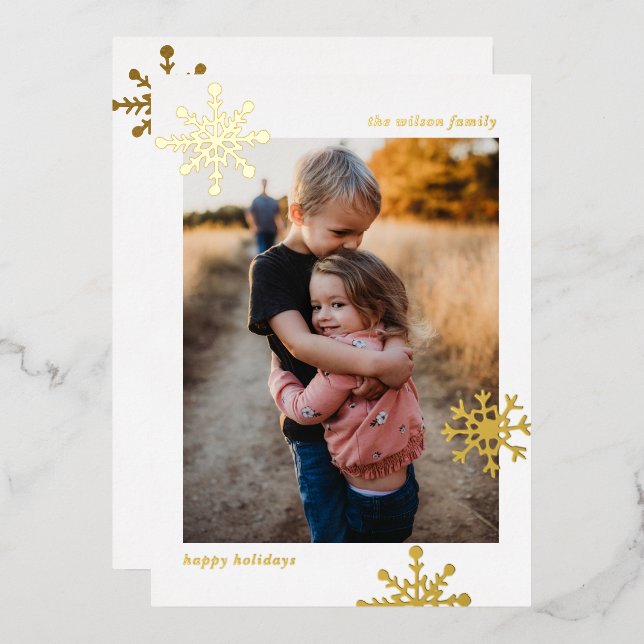 Simple Modern Cute Snowflake Photo   Foil Holiday Card (Front/Back)