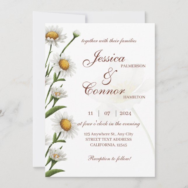 Simple Modern Daisy Watercolor Floral Wedding  Invitation (Front)