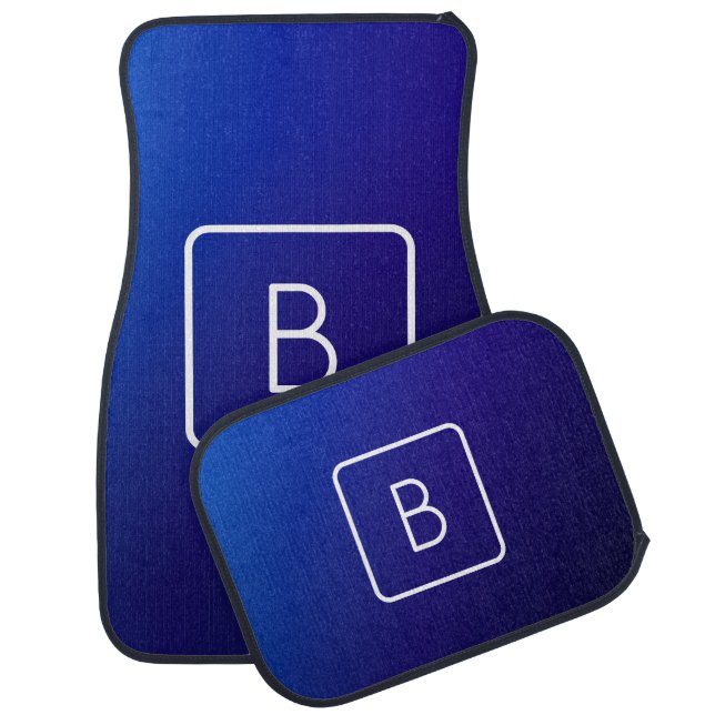 Simple Modern Dark Blue Ombre Gradient & Monogram Car Floor Mat (Set)