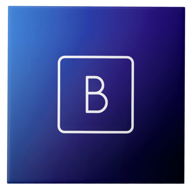 Simple Modern Dark Blue Ombre Gradient & Monogram Ceramic Tile (Front)