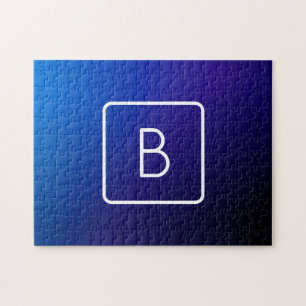 Simple Modern Dark Blue Ombre Gradient & Monogram Jigsaw Puzzle