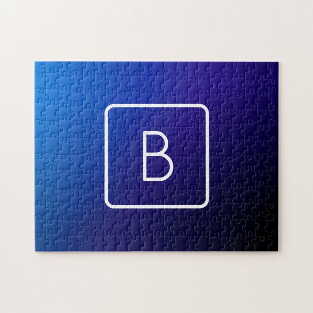 Simple Modern Dark Blue Ombre Gradient & Monogram Jigsaw Puzzle (Horizontal)