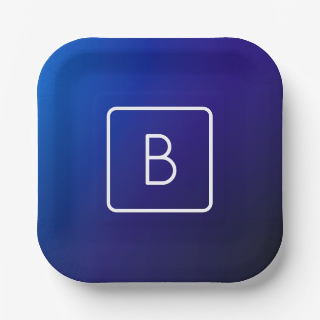 Simple Modern Dark Blue Ombre Gradient & Monogram Paper Plates (Front)