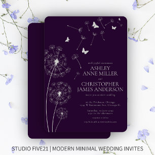 Simple Modern Dark Purple Dandelion Wedding Invitation