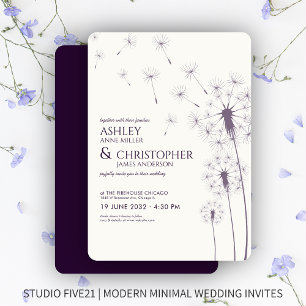 Simple Modern Dark Purple Dandelion Wedding Invitation