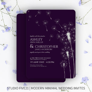 Simple Modern Dark Purple Dandelion Wedding Invitation