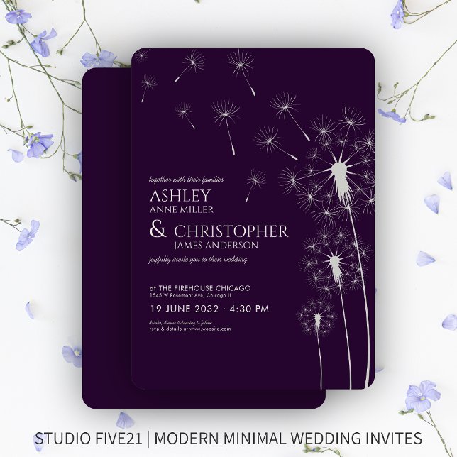 Simple Modern Dark Purple Dandelion Wedding Invitation (Creator Uploaded)