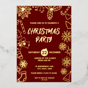 Simple Modern Dark Red and Gold Elegant Xmas Party Foil Invitation