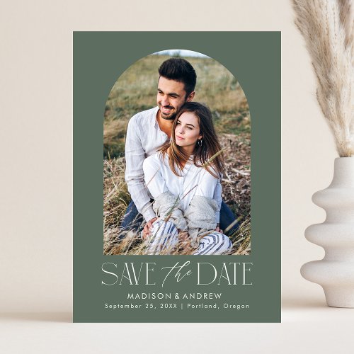 Simple Modern Dark Sage Green Arch Photo Save The Date