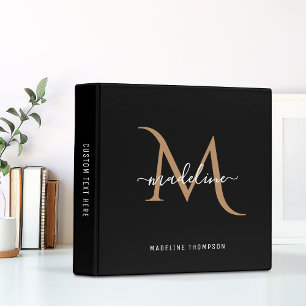 Simple Modern Decorative Black Gold Monogram 3 Ring Binder