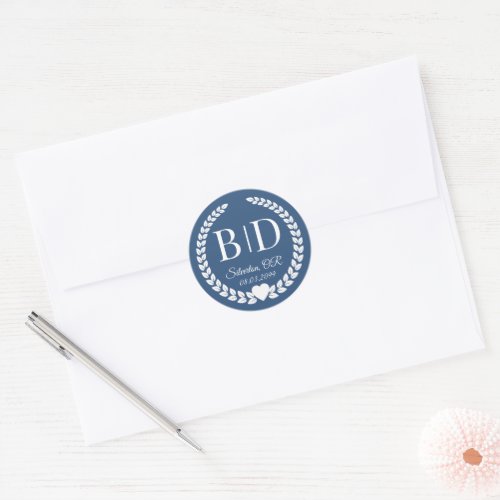 Simple Modern Deep Steel Blue Monogram Classic Round Sticker