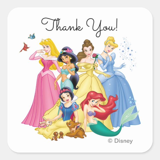 Simple & Modern Disney Princess Birthday Thank You Square Sticker (Front)