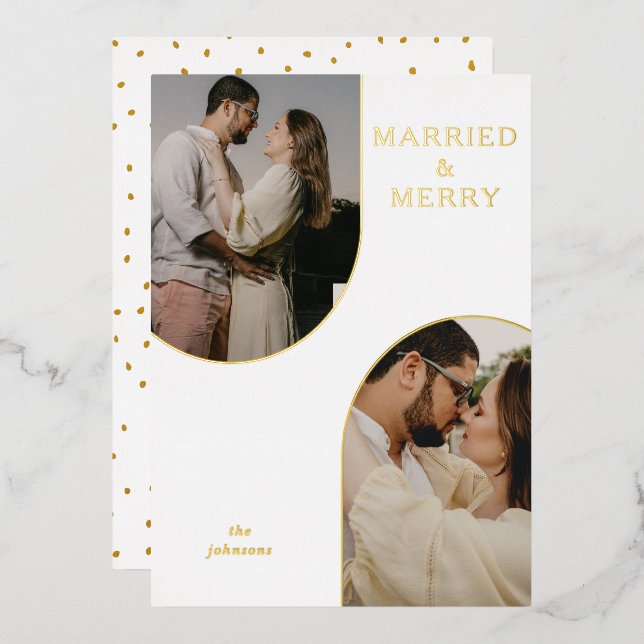 Simple Modern Double Arch Two Photo   Foil Holiday Card (Front/Back)