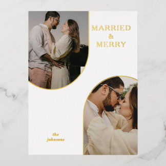 Simple Modern Double Arch Two Photo   Foil Holiday Postcard