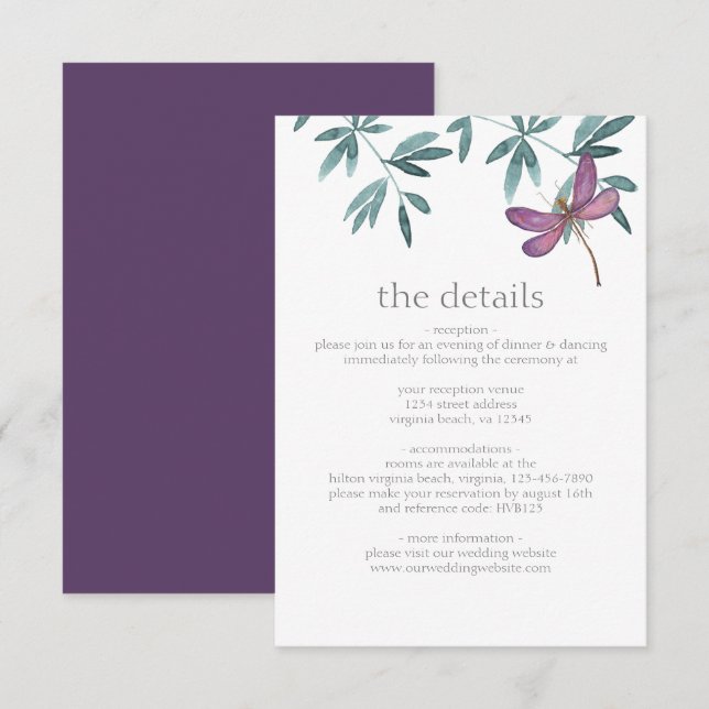 Simple Modern Dragonfly Greenery Wedding Details Enclosure Card (Front/Back)