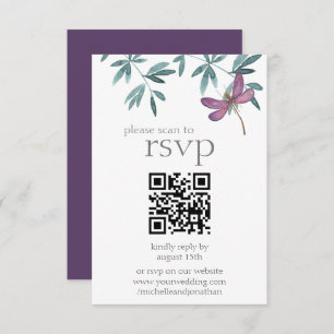 Simple Modern Dragonfly Greenery Wedding QR Code RSVP Card