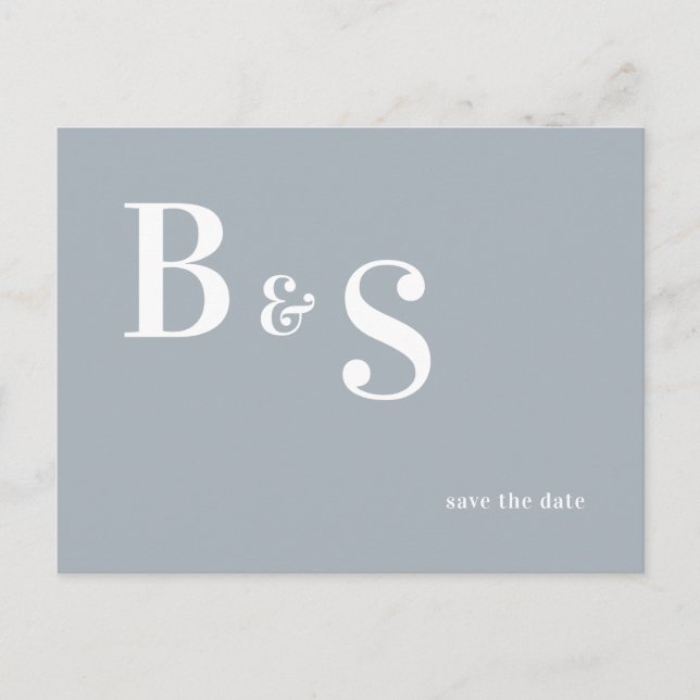 Simple Modern Dusty Blue Monogram Save the Date QR Announcement Postcard (Front)