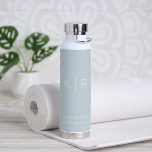 Simple Modern Dusty Blue Monogram Wedding Water Bottle