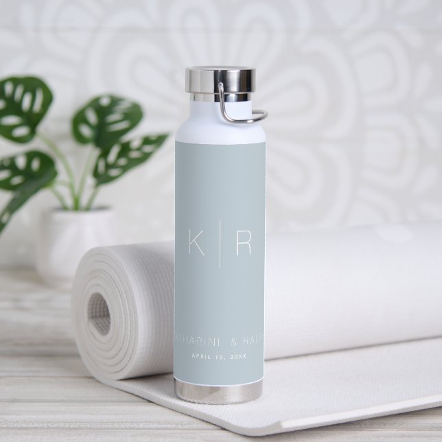 Simple Modern Dusty Blue Monogram Wedding Water Bottle (Yoga)